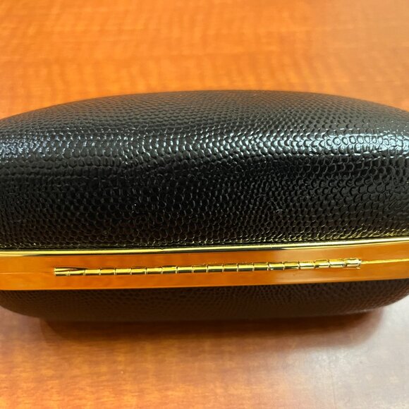 VTG BLACK LEATHER AND RHINESTONE EVENING BAG - RETRACTABLE HANDLE AND LONG CHAIN - Picture 10 of 13